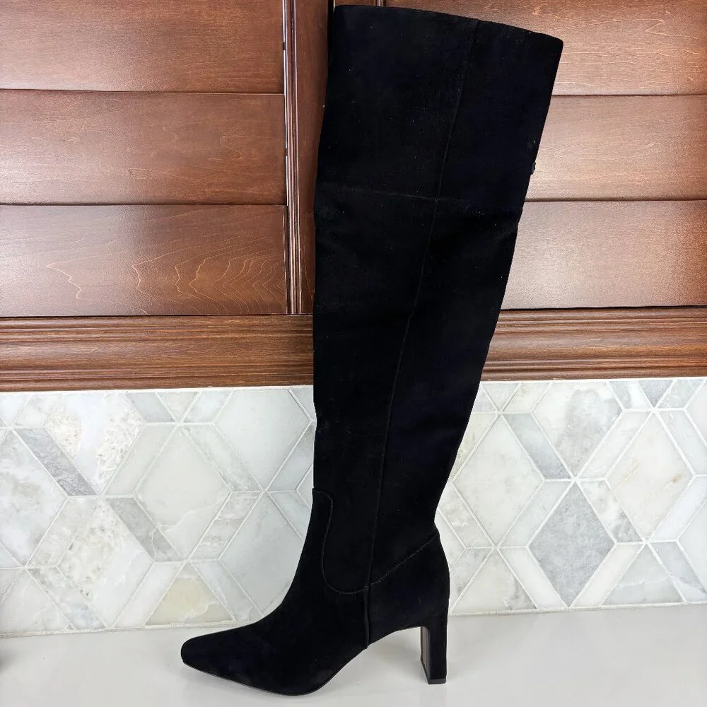 8.5 Wide Calf Black Suede Leather Tall Boot Over The Knee Zip Block Heel Shea